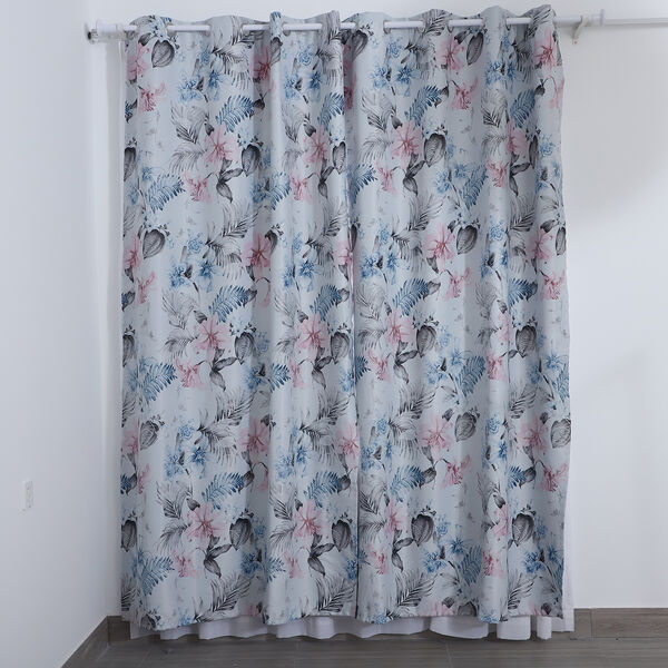 2er-Set - Verdunkelungsvorh&auml;nge mit 8 Metallringen, Blumenmuster, Rosa-Blau und Wei&szlig;&nbsp;