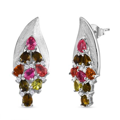 Aurora-Knospen-Mehrfarbig-Turmalin, Wei&szlig;er Zirkon Ohrringe 925 Silber rhodiniert ca. 2,89 ct.