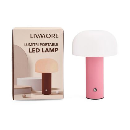 LIVMORE - LED-Tischlampe, wiederaufladbar, Pilzform, 3 Lichtfarben, 12,5x20,5 cm, Ros&eacute;rosa