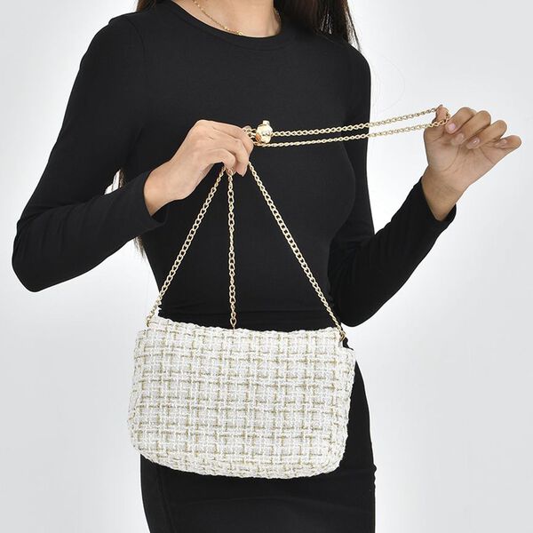 Umh&auml;ngetasche aus 100% echtem Leder mit Boucl&eacute;-Stoff, Elfenbein image number 3