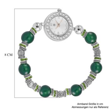 STRADA - Gr&uuml;ner Achat, Wei&szlig;er Kristall Flexibles Armband-Uhr, Japanisches Uhrwerk, ca. 18-19cm,  Schwarz oxidiert