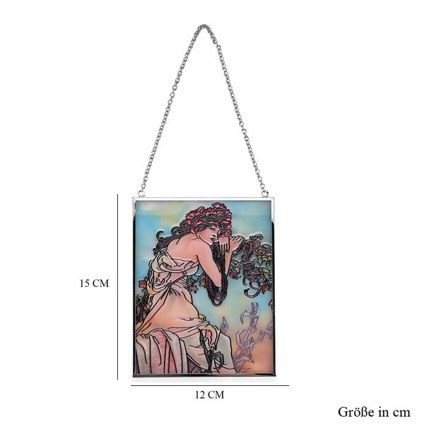 Handbemalter Glas Suncatcher mit Kette, silberfarbenem Rahmen, Alphonse Mucha Motiv Sommer, 12x15 cm image number 8