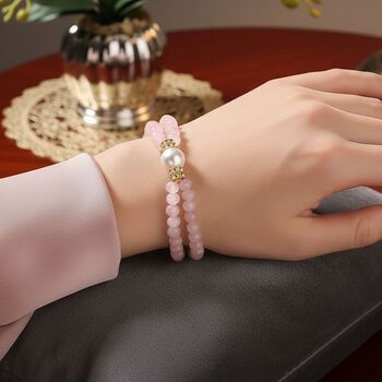 Flexibles Muschelkernperle, Rosenquarz und wei&szlig;es Kristall Armband