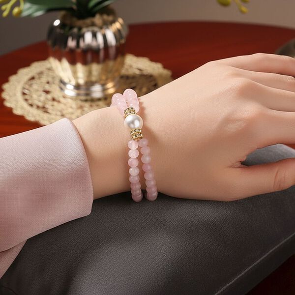 Muschelkernperle (9-11 mm) Armband mit Rosenquarz und Wei&szlig;em Kristall, flexibel, Goldfarben image number 1