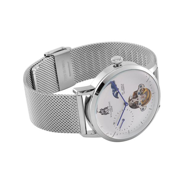 William Hunt Automatik-Uhr - IP-schwarzbeschichtetes Edelstahlgeh&auml;use, wei&szlig;es Multifunktionszifferblatt mit gew&ouml;lbtem Glas, Edelstahl-Mesh-Armband, Glasboden, 5 ATM wasserdicht, Reiner Edelstahl image number 5