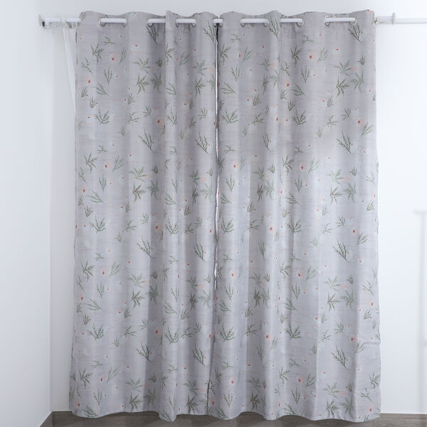2er-Set - Verdunkelungsvorh&auml;nge mit 8 Metallringen, Zweig-Blumenmuster, Grau und Wei&szlig;&nbsp;