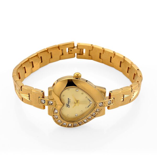 GENOA TIME - Herz-Armbanduhr Legierung, nickelfreies Messing, goldfarben, mit weißen Kristallen, Zifferblatt Gold-Sunshine, 3 ATM wasserdicht image number 4
