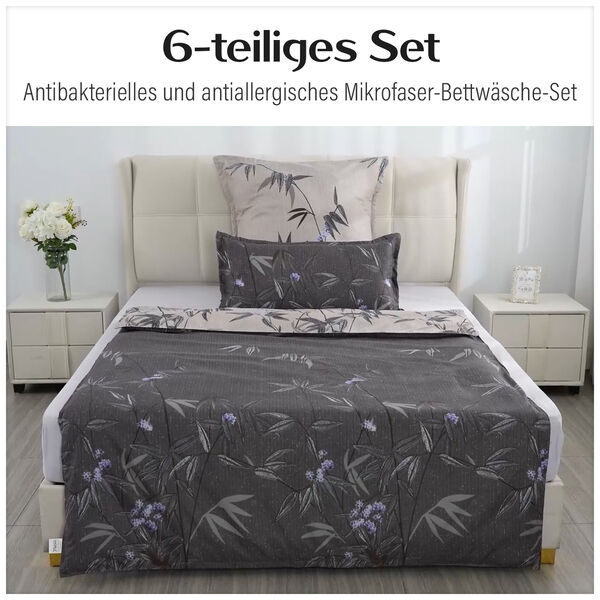 6-teiliges Set: antibakterielle, antiallergische Mikrofaser-Bettwäsche, Beige-Grau image number 10