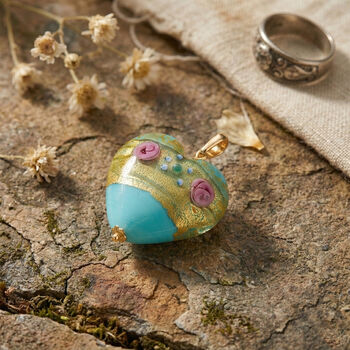 IL MURANO DI FRANCESCA - T&uuml;rkis Fiorato Herz Anh&auml;nger 925 Silber 750 Gelb Vergoldet