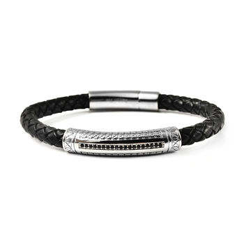 Schwarzer simulierter Diamant und Leder Herren Armband ca. 20 cm lange Edelstahl