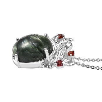 Viktorianische Bl&uuml;te - Sibirischer Seraphinite, Roter Granat Anh&auml;nger mit Kette ca. 50 cm, 925 Silber platiniert ca. 5.08 ct