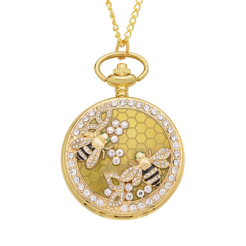 Strada - Weiße Kristall Taschenuhr im Bienenstock Design, japanisches Uhrwerk, goldfarben image number 0