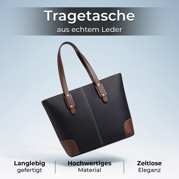 Echtleder Modische, ger&auml;umige Kontrastfarbene Tasche, 33x13x29 cm, Schwarz image number 2