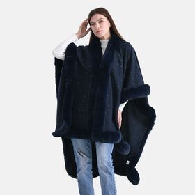 LA MAREY - Poncho mit Kunstfellbesatz und Kristall-Detail, Blau, Einheitsgröße