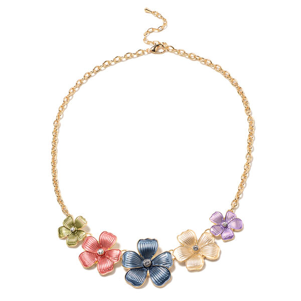 Mehrfarbige, emaillierte & wei&szlig;e Kristall Blumen-Halskette, ca. 50+2 cm lang, goldfarben