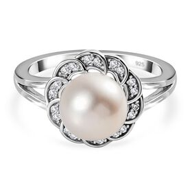 Süßwasser Perle, Weißer Zirkon Ring, 925 Silber platiniert (Größe 21.00)