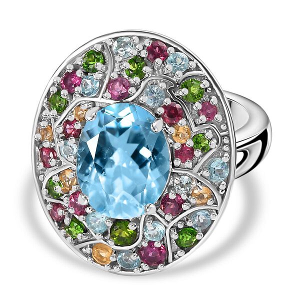 Himmelblauer Topas, Nat&uuml;rlicher Rhodolith Granat Ring 925 Silber rhodiniert (Gr&ouml;&szlig;e 21.00) ca. 5.89 ct