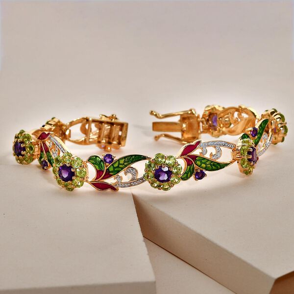 GP Italian Garden Kollektion - Afrikanisches Amethyst, Peridot und Kanchanaburi blaues Saphir emailliertes Armband in Silber image number 2