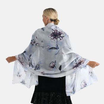LA MAREY Signature Seidenschal aus 100% Maulbeerseide, 110 x 195 cm, Blau Grau Floral