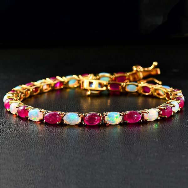 AA Afrikanischer Rubin (Fissure gefüllt), Natürlicher, äthiopischer Welo Opal Armband ca. 19 cm 925 Silber 750 Gelbgold Vermeil ca. 15.61 ct image number 3