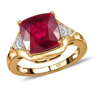 Afrikanischer Rubin (Fissure gef&uuml;llt), Moissanit Ring, 925 Silber Gelbgold Vermeil (Gr&ouml;&szlig;e 21.00) ca. 6,94 ct