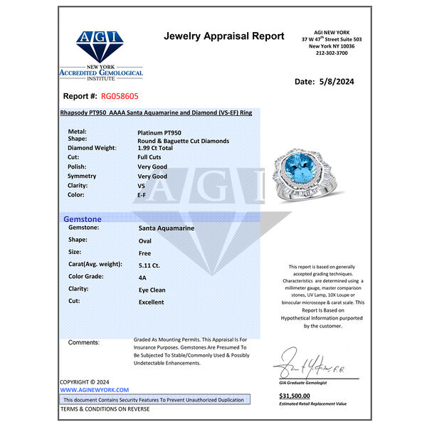 Chairman's Vault Collection - zertifiziert und geprüft RHAPSODY AAAA Santamaria Aquamarin und VS-EF Diamant Ring in 950 Platin - 7,10 ct. image number 7