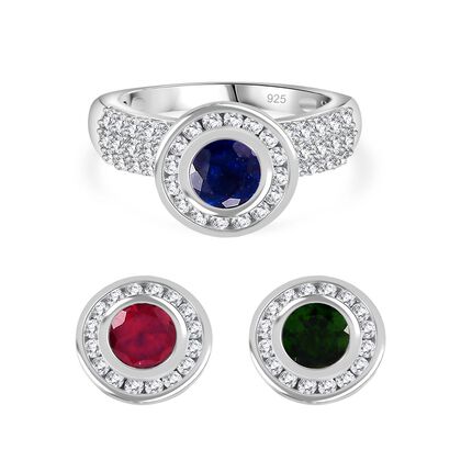 Afrikanischer Rubin (Fissure gef&uuml;llt), Masoala Saphir (Fissure gef&uuml;llt), Nat&uuml;rlicher Chromdiopsid Wechsel-Ring, 925 Silber rhodiniert (Gr&ouml;&szlig;e 18.00) ca. 4.43 ct