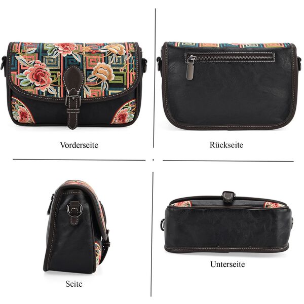 Bestickte Crossbody Tasche, Blumen Design, 22x8x16cm, Schwarz image number 5