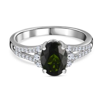 Nat&uuml;rlicher Chromdiopsid, Wei&szlig;er Zirkon Ring, 925 Silber platiniert, (Gr&ouml;&szlig;e 21.00) ca. 1.71 ct