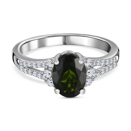 Nat&uuml;rlicher Chromdiopsid, Wei&szlig;er Zirkon Ring, 925 Silber platiniert, (Gr&ouml;&szlig;e 21.00) ca. 1.71 ct