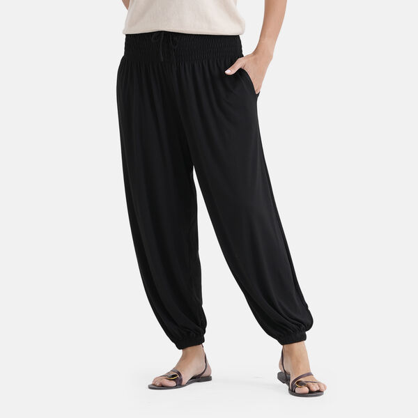 LA MAREY Jersey Komforthose, gesmokter Bund, elastische Kn&ouml;chel, Einheitsgr&ouml;&szlig;e, Schwarz