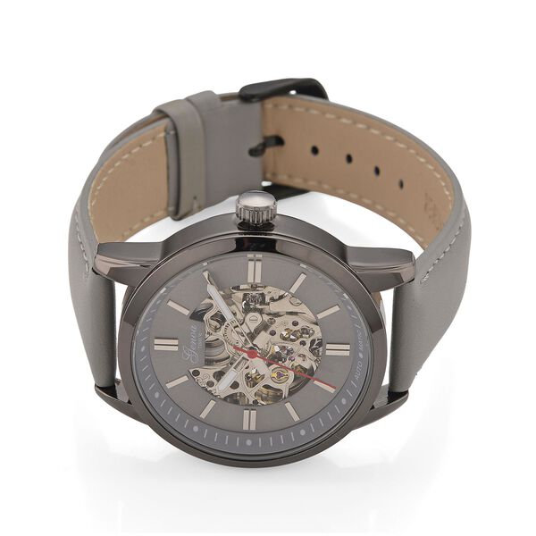GENOA TIME V2 Automatikuhr mit mechanischem Automatikwerk, Zifferblatt Grau mit Sonnenschliff und offenem Design, Grau Lederarmband 3 ATM wasserdicht image number 4