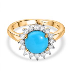 D’joy AA Sleeping Beauty Türkis, Weißer Zirkon Ring 925 Silber 750 Gelbgold Vermeil (Größe 20.00) ca. 2,39 ct