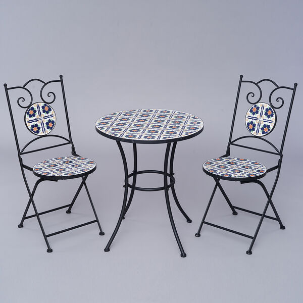 3er-Set - Mosaik-Tisch und 2 Mosaik-Stühle, Blumenmuster, Weiß-Orange-Blau  image number 0