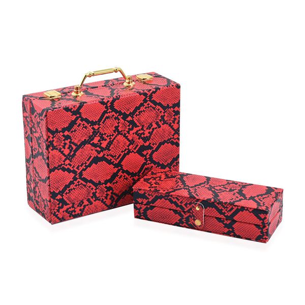 2er-Set, Schmuckkasten mit Reise-Etui aus Kunstleder mit Python-Pr&auml;gung, 24x19x9 und 22x17x3 cm, Weinrot