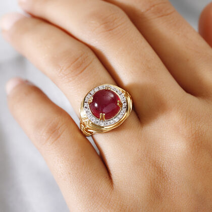 Afrikanischer Rubin (Fissure gef&uuml;llt) und Zirkon-Ring, 925 Silber Gelbgold Vermeil (Gr&ouml;&szlig;e 16.00) ca. 6,86 ct