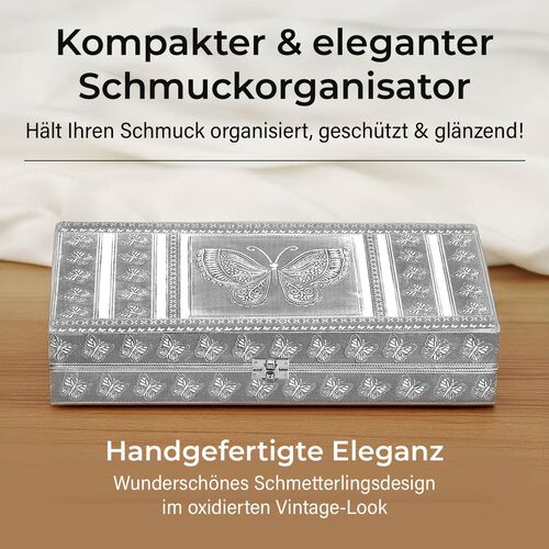 Handgefertigte Schmuckschatulle mit Schmetterlingsmotiv, oxidiertes Design, mit Spiegel und Fächern, ca. 38 x 20 x 7,6 cm, Silberfarben image number 1
