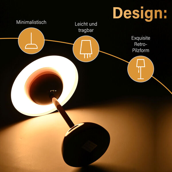 Kabellose Tischlampe im minimalistischen Retro-Pilzdesign – Touch-Steuerung, weinrot image number 2