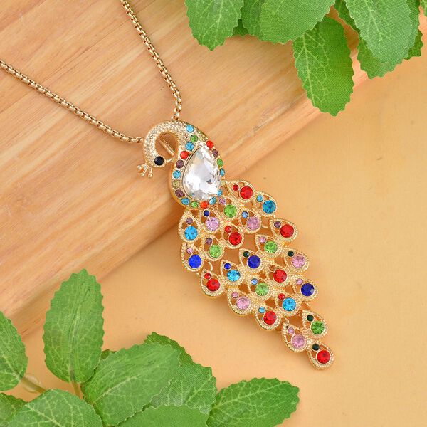 Kristall-Halskette mit Mehrfarbigem Pfau-Motiv aus Glas, ca. 70 cm, in Goldfarben image number 1