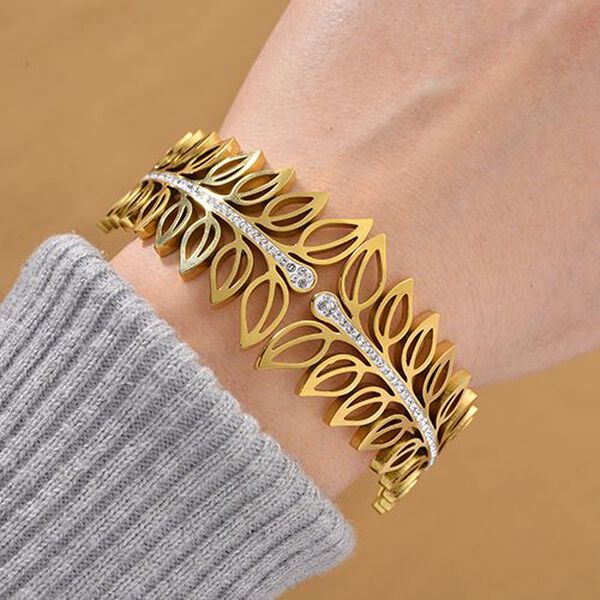 Wei&szlig;er Kristall Armreif ca. 19 cm Reiner Edelstahl, Goldfarben image number 2