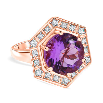 Zeitlose Art Kollektion - AA Rose De France Amethyst, Wei&szlig;er Zirkon Ring 925 Silber 750 ros&eacute;vergoldet (Gr&ouml;&szlig;e 19.00) ca. 7.18 ct