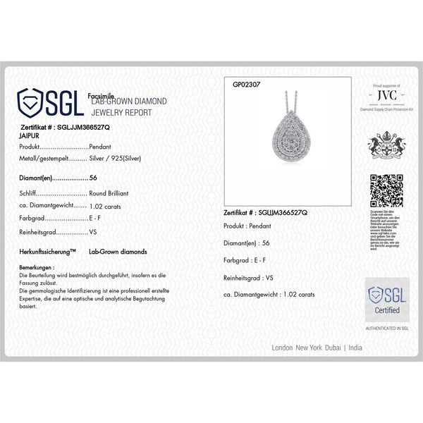 LUXURIANT SGL zertifizierter VS Labor Diamant Anh&auml;nger mit 45cm Kette, 925 Silber rhodiniert - 1 ct. image number 8