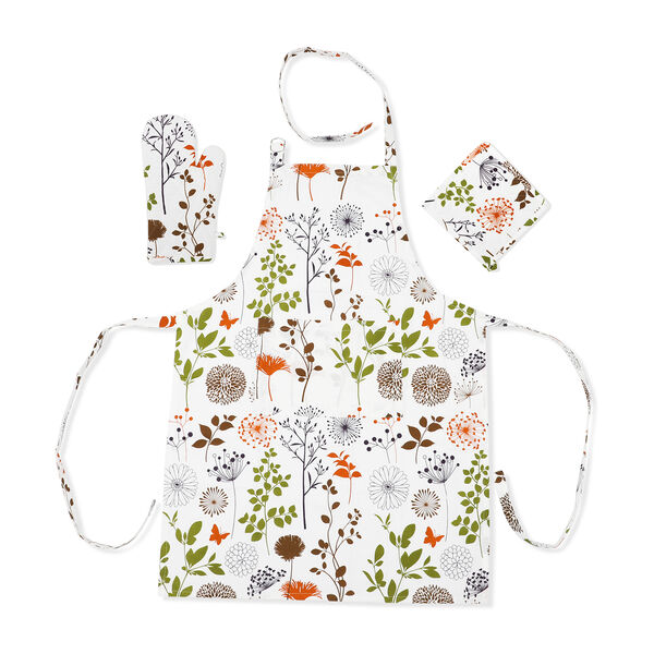 100% Baumwolle K&uuml;che Set, Sch&uuml;rze, Handschuh, Topflappen, Blumen Mehrfarbig, 3 tlg. image number 0