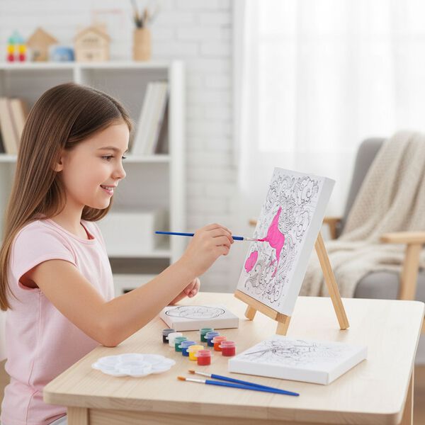 Leinwand-Malset - 3-teiliges Set mit Schmetterlings-, Elster- und Einhornmotiv, inklusive Farben, Mischpalette und Pinseln image number 2