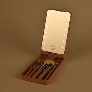 5-teiliges Reise-Makeup-Pinselset mit Spiegel, 16x8,9x2,6cm, rosa