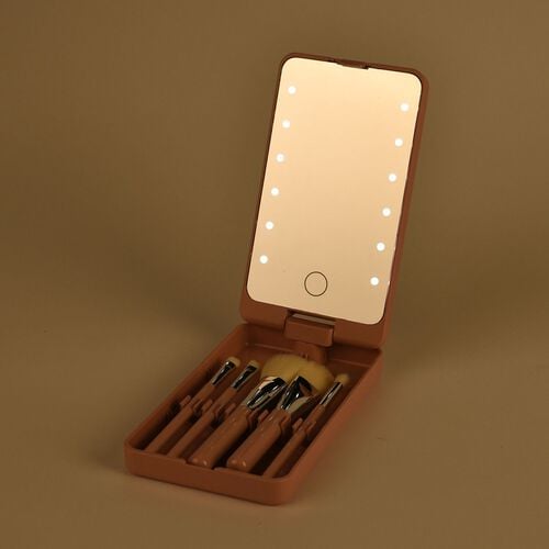 5-teiliges Reise-Makeup-Pinselset mit Spiegel, 16x8,9x2,6cm, rosa image number 1