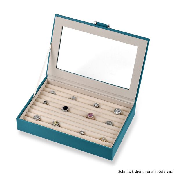 Schmuck-Ringbox aus Kunstleder mit Glasdeckel, 26,7x17,8x5,5cm, T&uuml;rkisgr&uuml;n