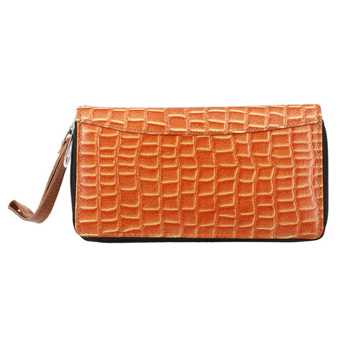 Brieftasche aus 100% echtem Leder, RFID Kroko-Prägung mit abnehmbarem Riemen, Braun image number 0