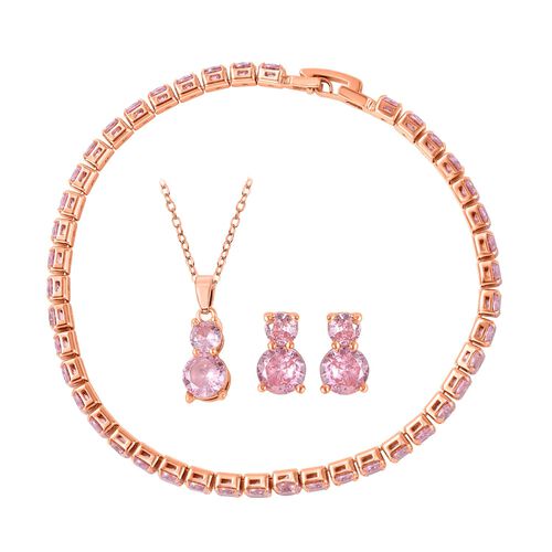 4er Set, Rosa Zirkonia Armband, Anhänger mit Kette und Ohrringen, Messing ca. 17,60 ct image number 0