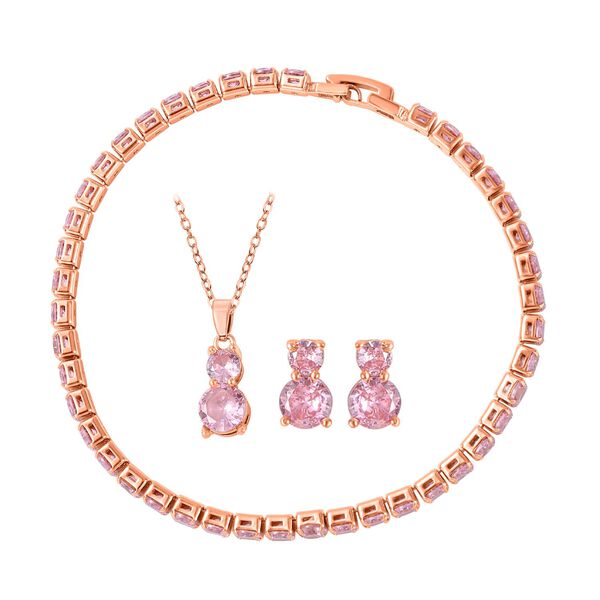 4er Set, Rosa Zirkonia Armband, Anhänger mit Kette und Ohrringen, Messing ca. 17,60 ct image number 0